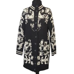 RED Valentino Intarsia Knit Longline Cardigan Sweater Coat XS Black White